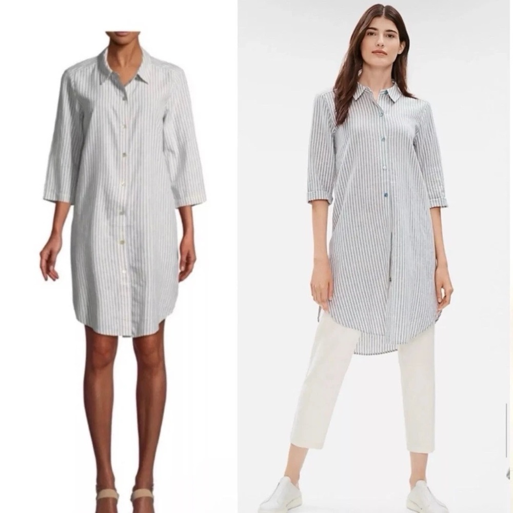 Eileen Fisher White and Blue 3/4 Sleeve Button Down Tunic